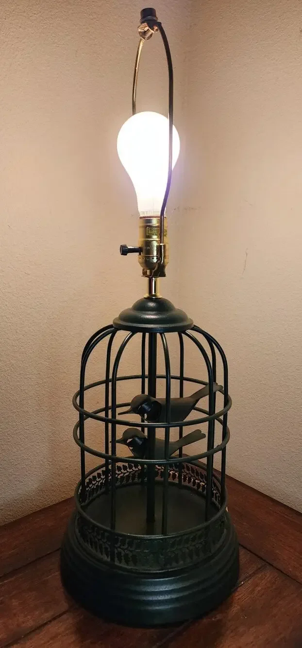 Vintage 1960s Steel Rod Hunter Green Birdcage Table Lamp 2 Stylized Birds